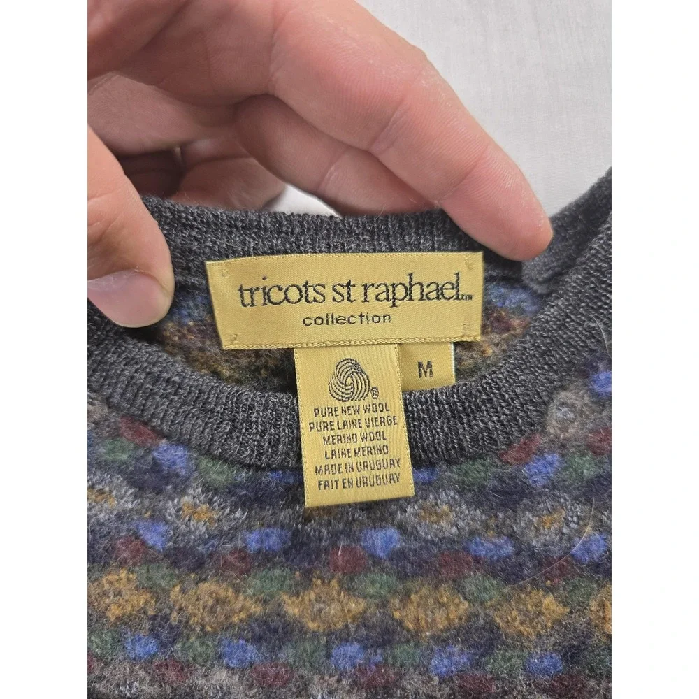 Tricots St. Raphael Sweater Mens Medium Gray Merino Wool Geometric Knit Pullover